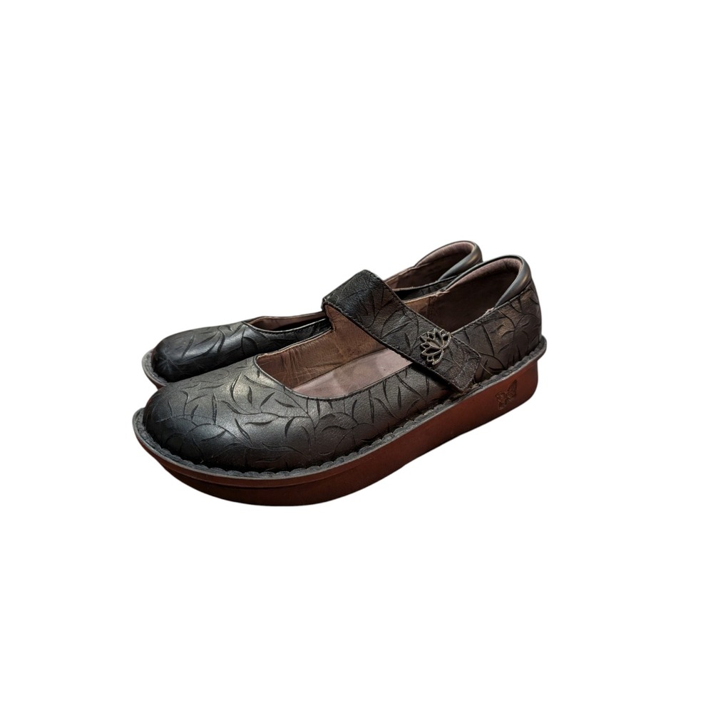 Alegria‎ Paloma Black Embossed Leaf Leather Mary Jane Rocker Shoes Lotus Buckle